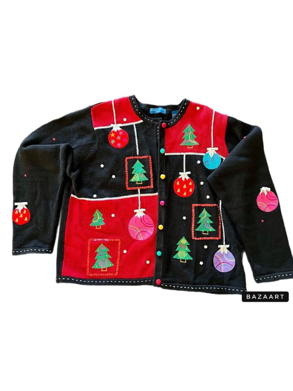VTG Karen Scott Whimsical Christmas Cardigan Ornament Tree Design Twee Size XL